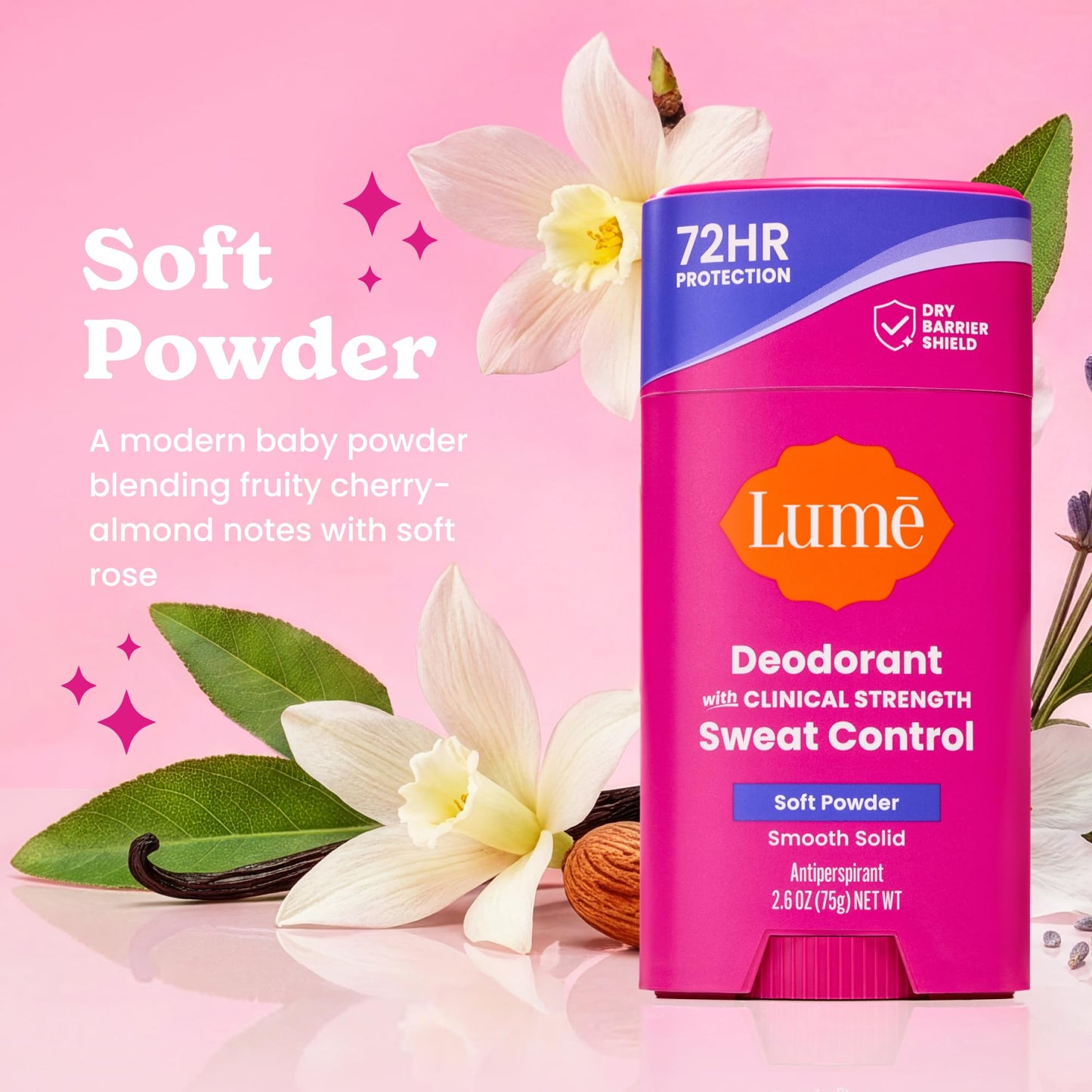 Lume Deodorant Plus Sweat Control - Smooth Solid Stick Deodorant for Women - Extra Strength Antiperspirant - 72 Hour Odor & Sweat Control - Baking Soda Free, Skin Loving - (Soft Powder)