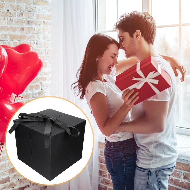 GLEAVI Heart Shaped Flowers with Square Lids Black - Hearts Floral Bouquet Packing Box Double Layer Arrangement Jewelry Paper Cardboard Treat Box for Girlfriend Wife Mom