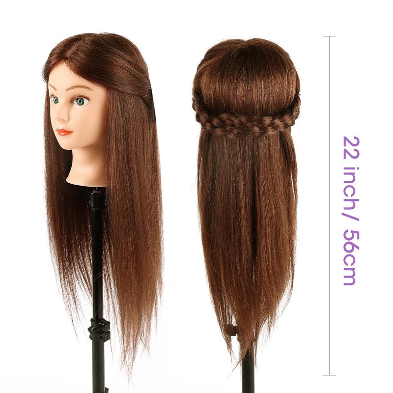 Skiennix Mannequin Head - 100% Human Hair Cosmetology Training Doll | 18'' Dark Brown with Blue Eyes