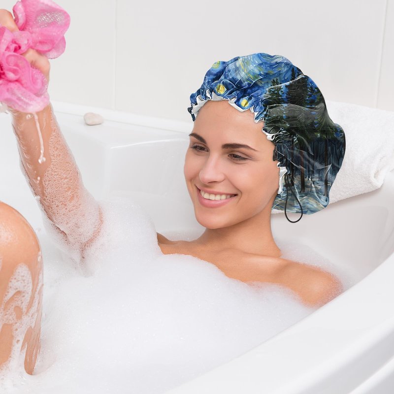 BHAHB 2 PCS Shower Cap Waterproof Double Layer Elastic Adjustable Reusable Hair Bath Caps for Girls Women Cute Aesthetic-Blue White