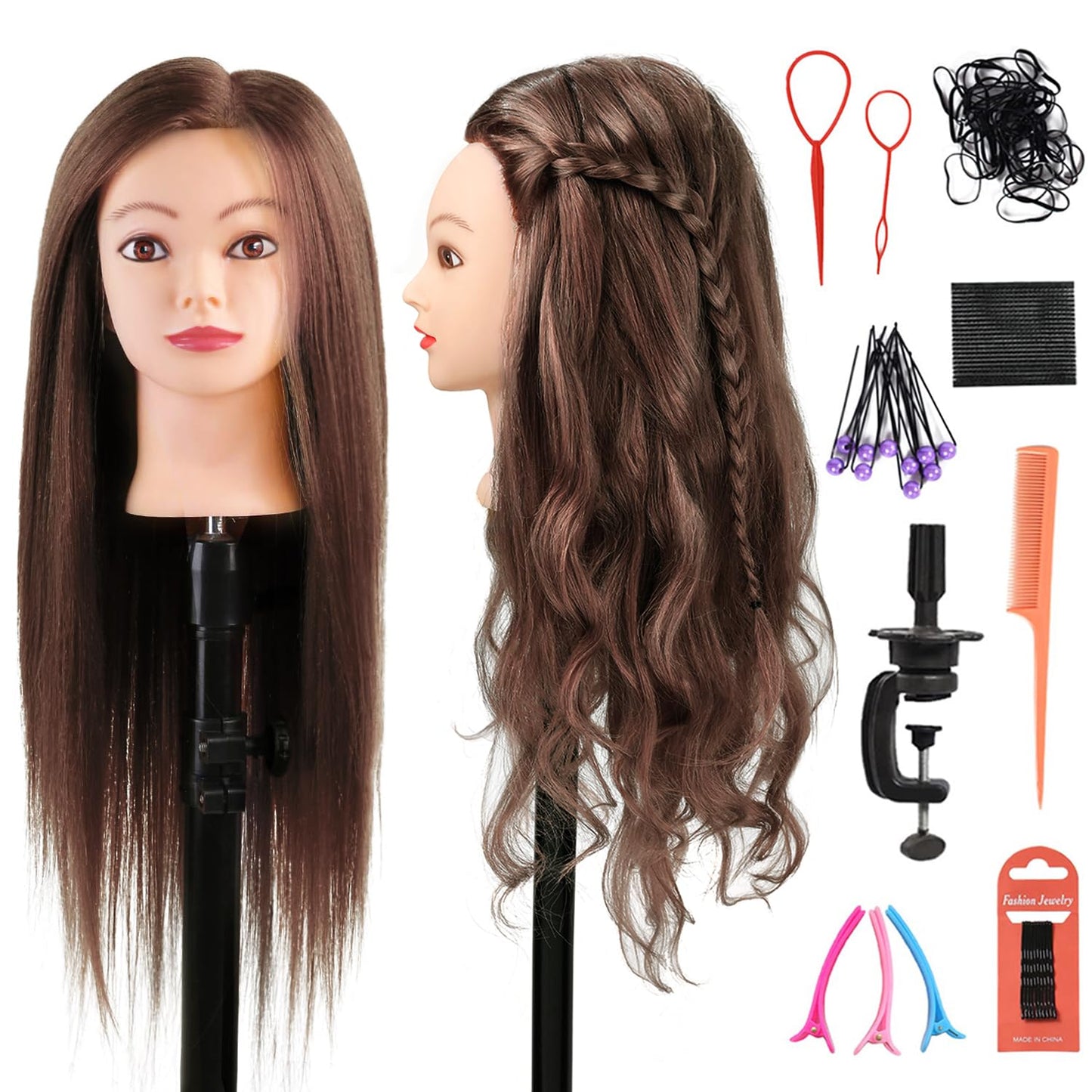 SOPHIRE Mannequin Head - 26"-28" Cosmetology Training Head with 80% Real Human Hair & 9 Tools | #4 Brown