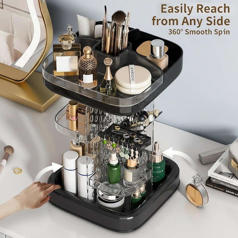 360 Rotating Make up Organizer for Vanity & Countertop, Clear Adjustable Height Tiered Cosmetic and Skincare Storage, Spinning Perfume and Makeup Holder, Jewelry Accessories Desktop Organizer, Black