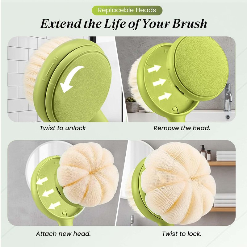 Back Scrubber for Shower with Long Handle (15.7”) – Dual-Sided Bath Brush with Loofah Sponge, Replaceable Heads, Easy Reach for Back & Body, Includes 2 Wall Hooks