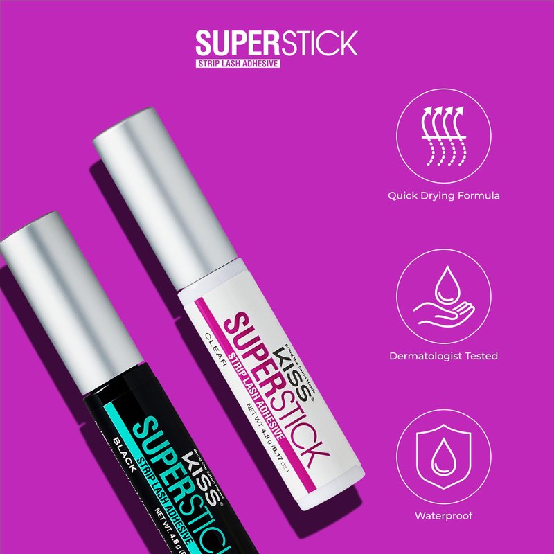 Kiss SuperStick 5-Day Extended Wear Strip Lash Adhesive, Quick Drying Lash Glue, Witch Hazel & Cactus Extract Infused, Brush Applicator, Net Wt. 4.8g (0.17 oz.), Clear