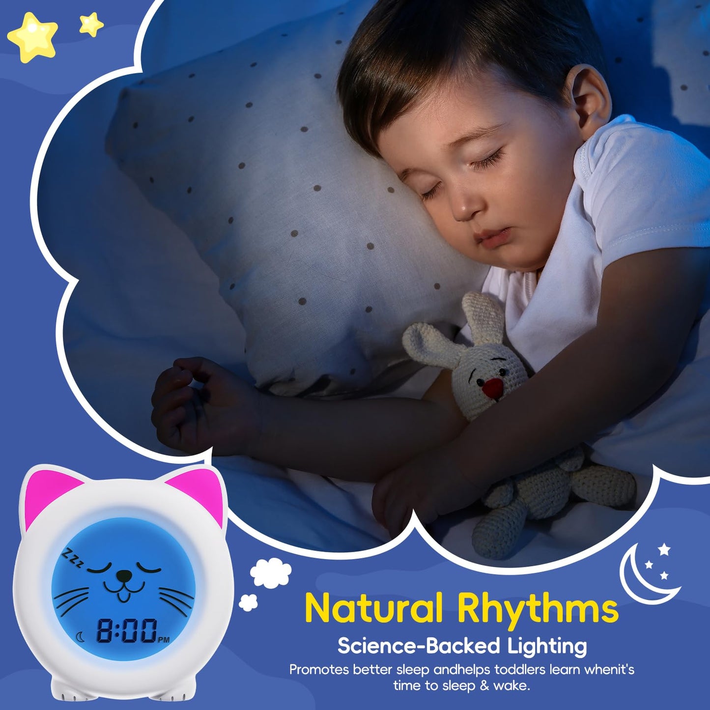 B&H Sleep Trainer Clock for Toddler - Rechargeable Kid Ok to Wake Clock, Cute Cat Girls Alarm Clock, Drop Proof, Night Light, Science-Backed Lighting for Peaceful Sleep and Ready to Rise Mornings