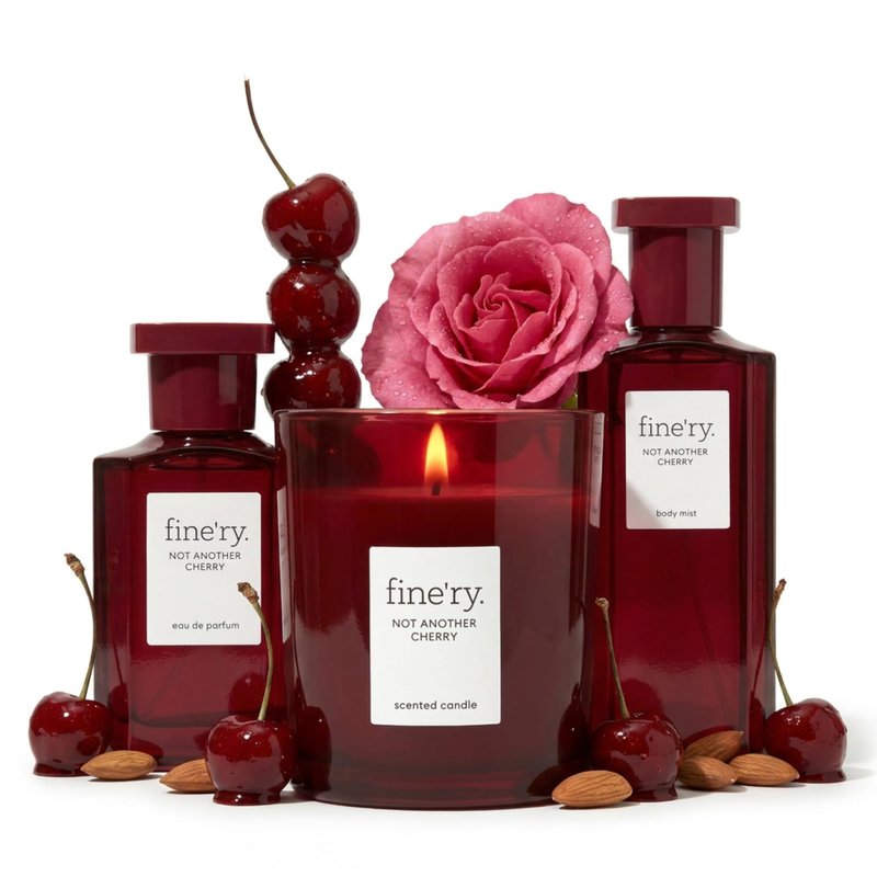 Fine'ry Not Another Cherry Deluxe Fragrance Gift Set | Eau De Parfum, Candle & Body Mist | Fruity & Floral Notes Of Cherry, Rose & Almond | Luxury Body & Home Signature Scent Trio