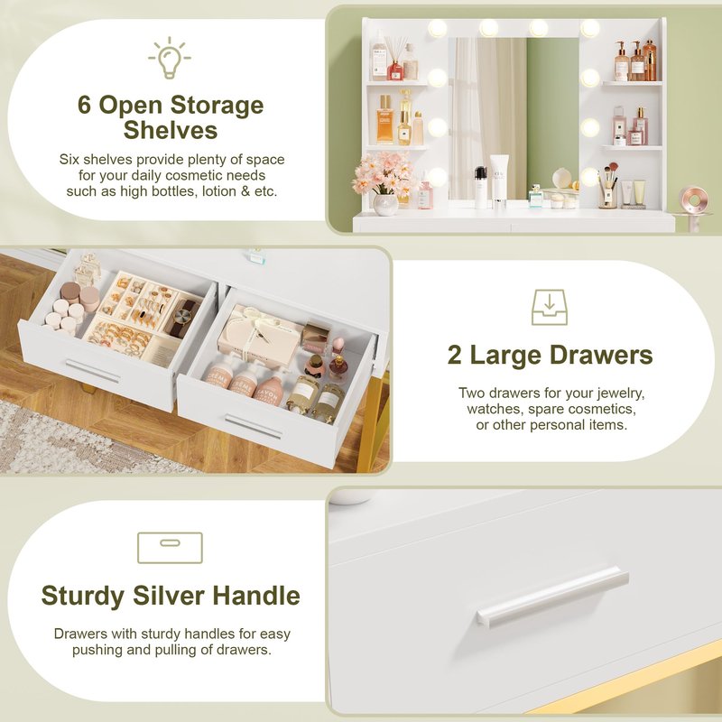 Acurax Vanity Desk with Mirror and Lights, Makeup Vanity Table with 6 Storage Shelves & 2 Drawers, 3 Color Modes, Charging Station, White & Golden