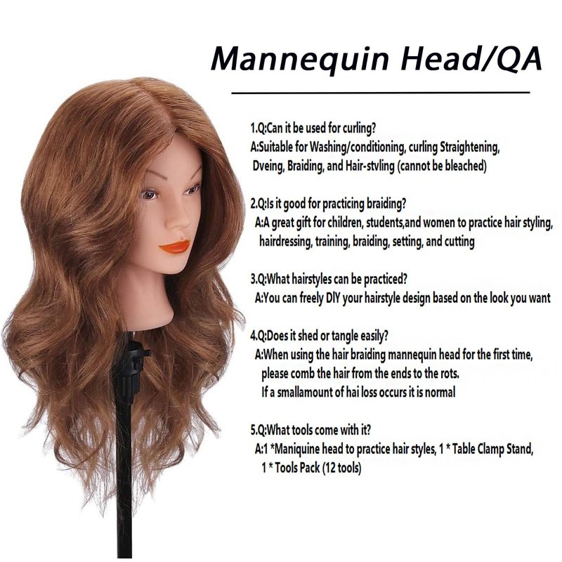 Mannequin Head with 100% Human Hair, TopDirect Real Hair Cosmetology Mannequin Head Hair Styling Hairdressing Practice Training Doll Head with Clamp Holder and Tools (Dark Brown)