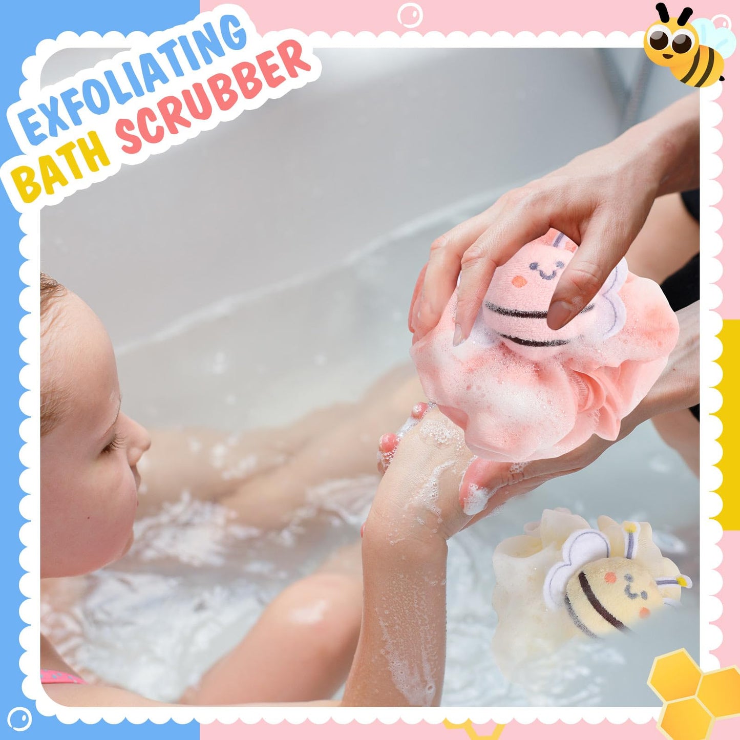 Reallnaive 4 Pcs Bee Bath Loofah Sponge Cartoon Body Scrubber Loofah Soft Mesh Exfoliating Bath Scrubber Shower Ball for Shower Sponge Gifts Exchange Birthday Party