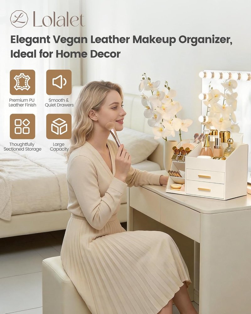 Makeup Organizer - 3-Layer PU Leather Storage Box for Skincare, Lipstick & Perfume | Easy to Clean - Cream