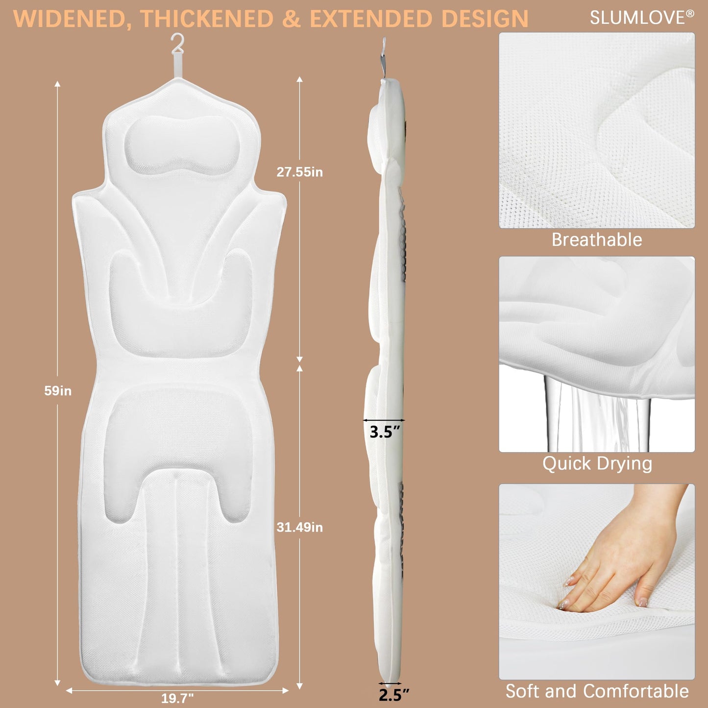 Full Body Bath Pillow for Bathtub - Thick Bathtub Cushion, Bathtub Pillow with 114 Suction Cups, 5D Air Mesh Bath Pillows for Tub Full Body, Head Neck Back Support, White 59 x 20 in
