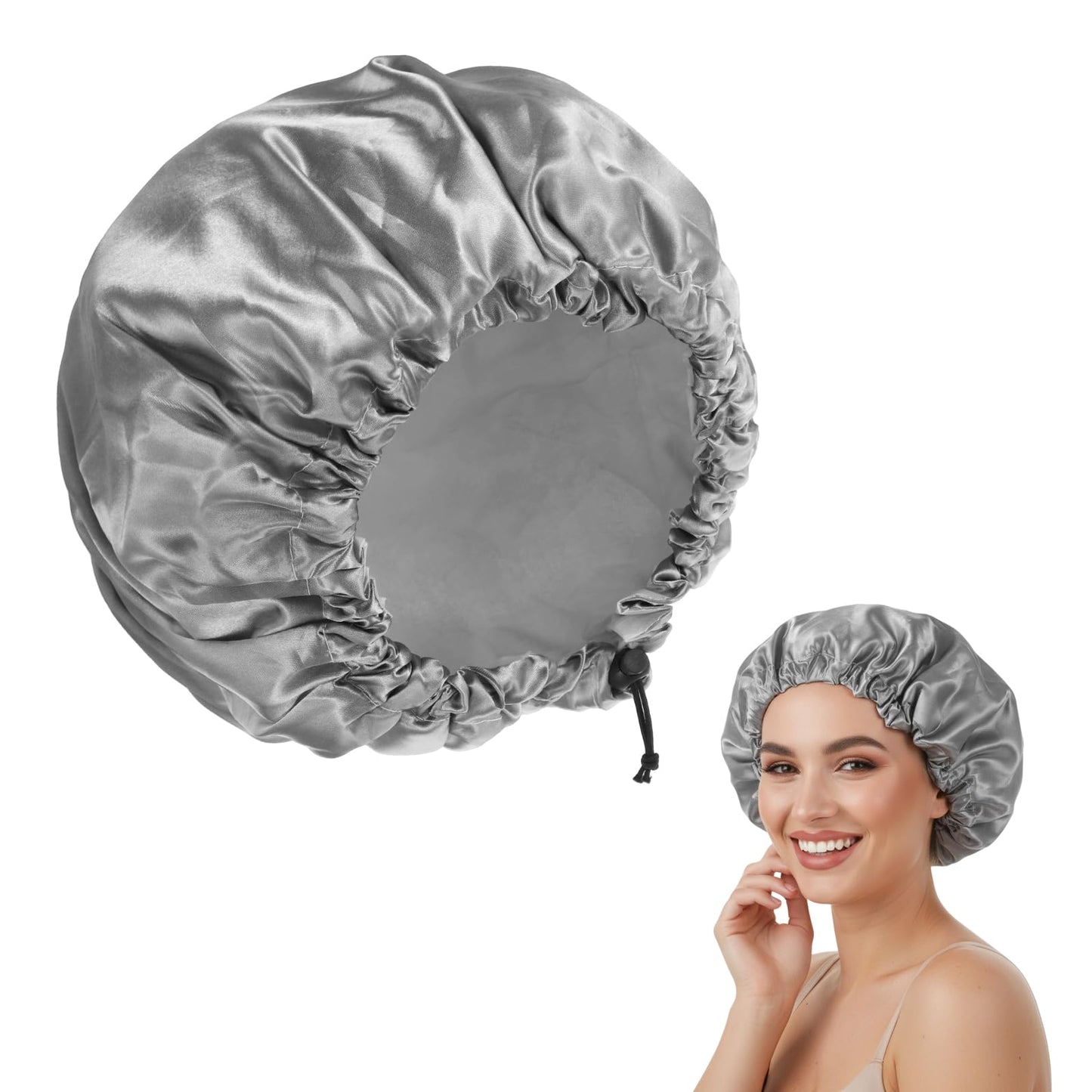 1 Pc Reusable Shower Cap for Women, Grey Double Layer PEVA Lined Waterproof Bath Caps with Adjustable Drawstring, Hair Cap for Short Hair (Spa & Home Use)