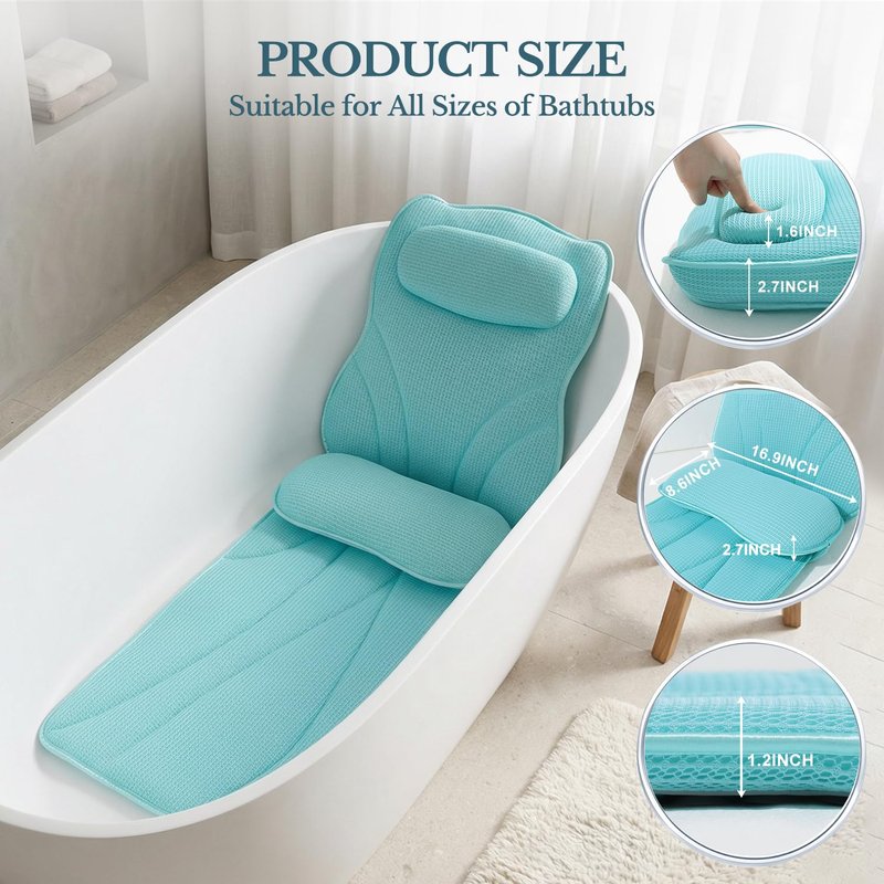 Extra Long Thick Full Body Bath Pillow for Tub with Lumbar Pillow- Luxury 4D Air Mesh Bathtub Pillow with Head, Shoulder & Back Support, Non-Slip Bath Cushion with Suction Cups-Lake Blue