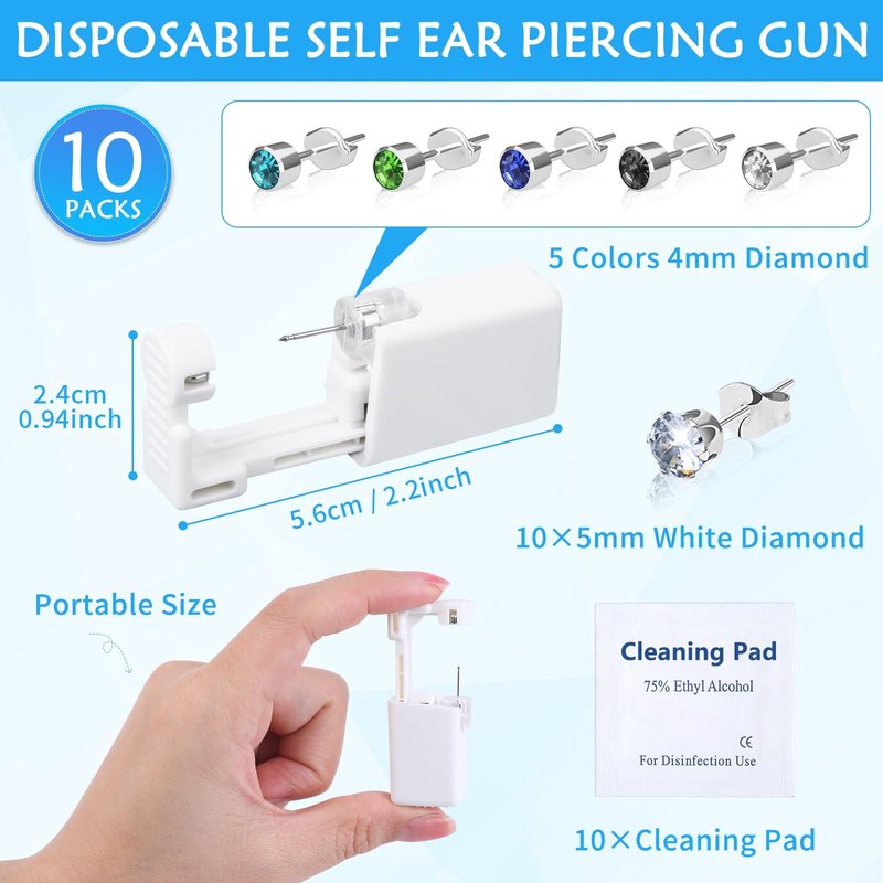 30Pcs Self Ear Piercing Kit, Disposable Ear Piercing Gun with Preloaded Piercing Studs, Professional Earring Gun with Silver Earrings for Home Salon Earlobe Cartilage Helix Tragus Piercing Tool Kit
