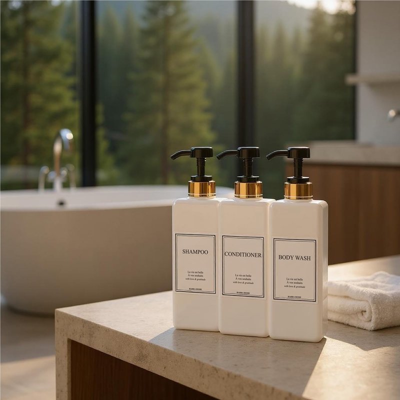 Shampoo and Conditioner Dispenser - Modern Gold Design Large 27oz Shower Soap Dispenser Set of 3, Refillable Empty Plastic Pump Bottles for Bathroom, 6 Waterproof Labels Included, Black