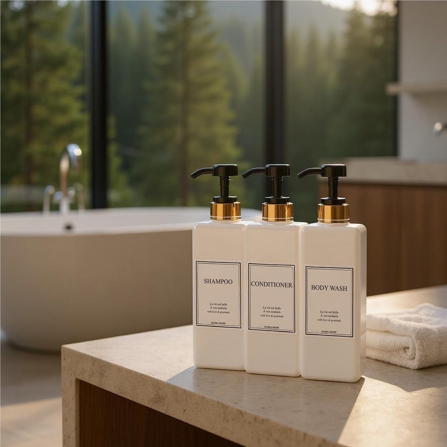 Modern Gold Design Shampoo and Conditioner Dispenser, Large 27oz Shower Soap Dispenser, Set of 3 Refillable Empty Plastic Pump Bottles for Bathroom and Body Wash (6 Waterproof Labels Included)