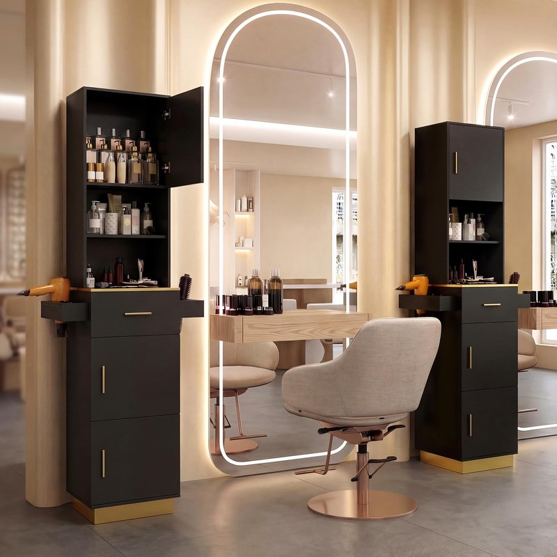 Oakvera Salon Stations for Hair Stylist, Tall Hair Salon Station with 6 Tools Holders, a Drawer, 2 Open Shelves & 3 Large Storage Cabinets for Salon, Spa & Beauty, Black