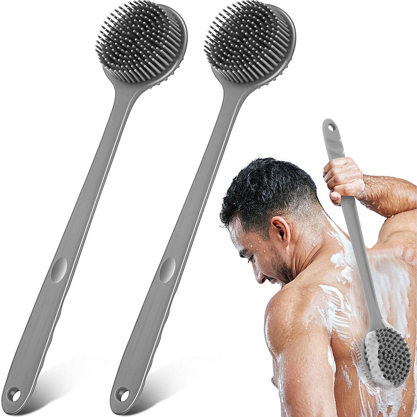 Sunnyray 2 Pack Silicone Back Scrubber for Shower with 15" Long Handle Double-Sided Bath Body Brush for Exfoliating Easy to Clean Quick Dry Deep Cleaning Lathers Well(Grey)