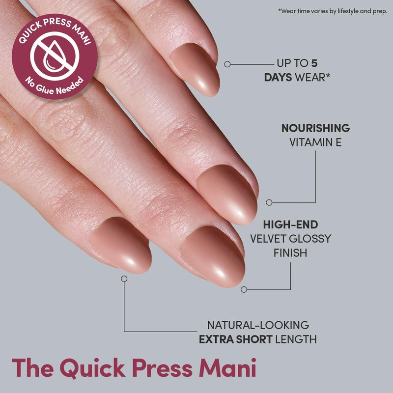 Glamnetic Quick Press Mani - Mess-Free Oval Extra Short Press-On Nails | 30 Nail Kit in 15 Sizes - Teddy