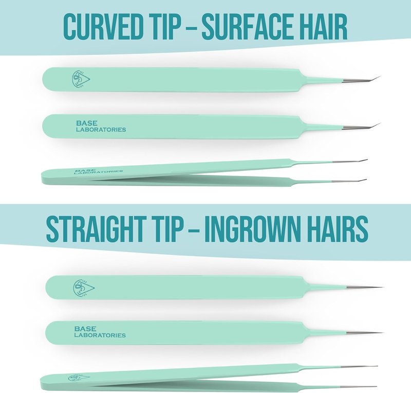 Base Labs Ingrown Hair Tweezers Set - Precision Curved & Pointed Stainless Steel Tweezers | 2 Pack with Protective Case for Razor Bumps & Facial Hair Removal