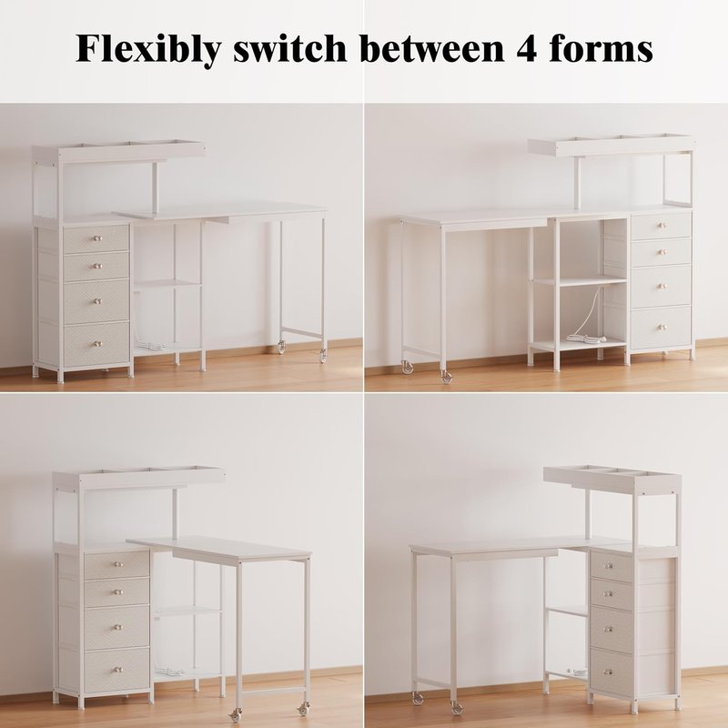 L-Shaped Manicure Table - Rotating Nail Workstation on Wheels with Charging Station | White with Storage Drawers & Shelves