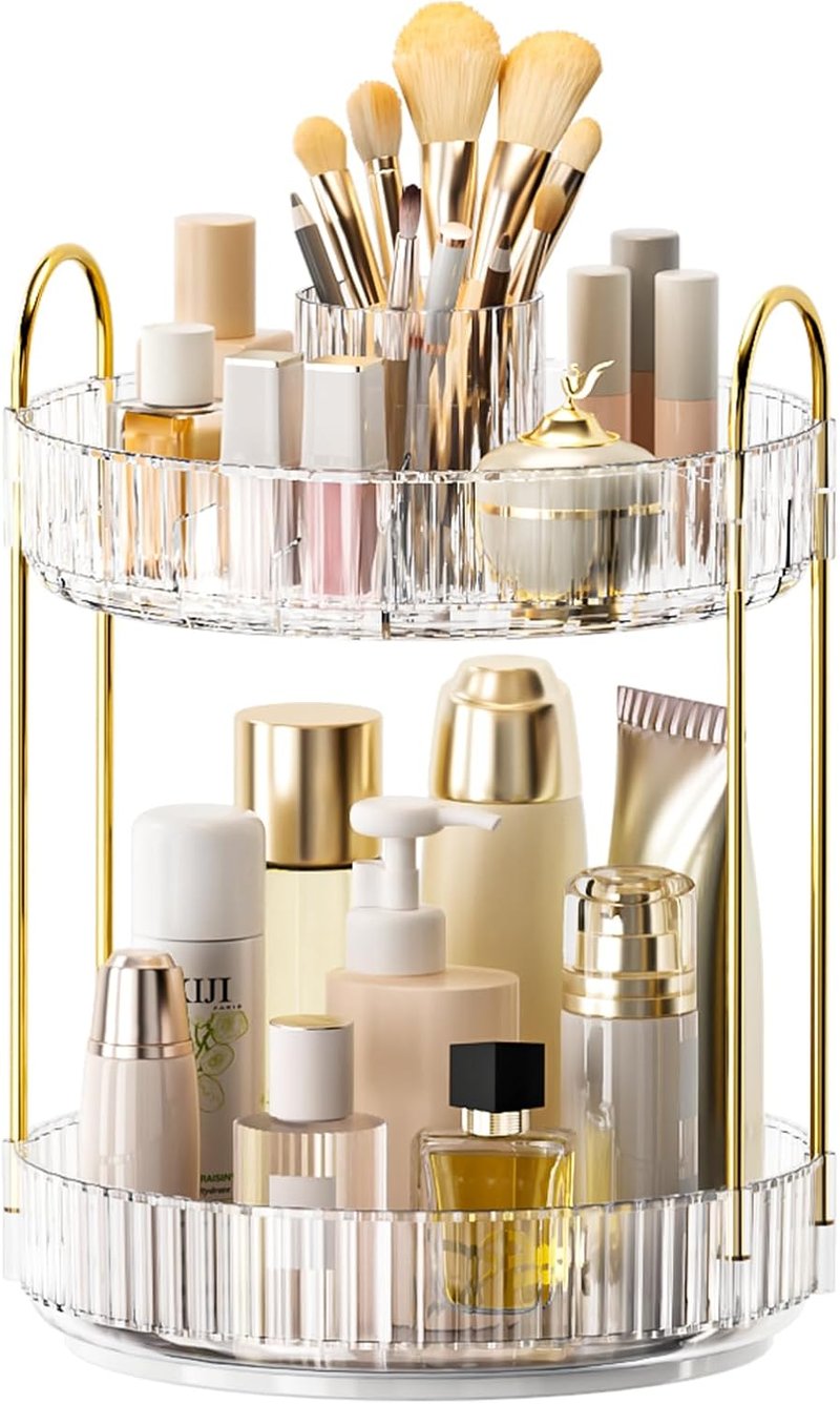 360° Rotating Makeup Organizer - Upgraded 2-Tier Skincare & Perfume Storage | Clear Cosmetic Dresser with Brush Holder