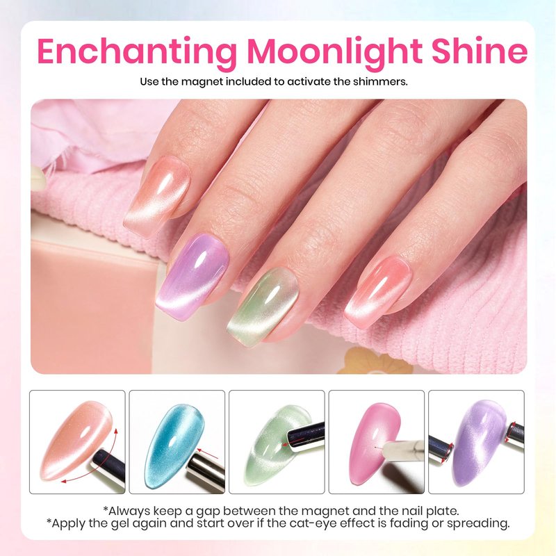 Beetles Cat Eye Gel Nail Polish Set, 6 Colors Fairy Garden Pastel Spring Shimmer Glitter Gel Polish Kit Pink Red Blue Orange Green Purple Velvet Gel Soak Off UV Magnet Nail Art DIY Gift for Women