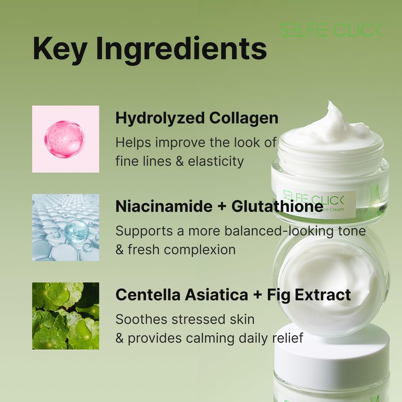 SELFIE CLICK Dual Core Deep Collagen Cream, Niacinamide, Ceramide & Hydrolyzed Collagen for Glowing & Lifted Skin, Hydrating & Firming Moisturizer, Korean Skin Care (1.01 Fl Oz / 30ml)