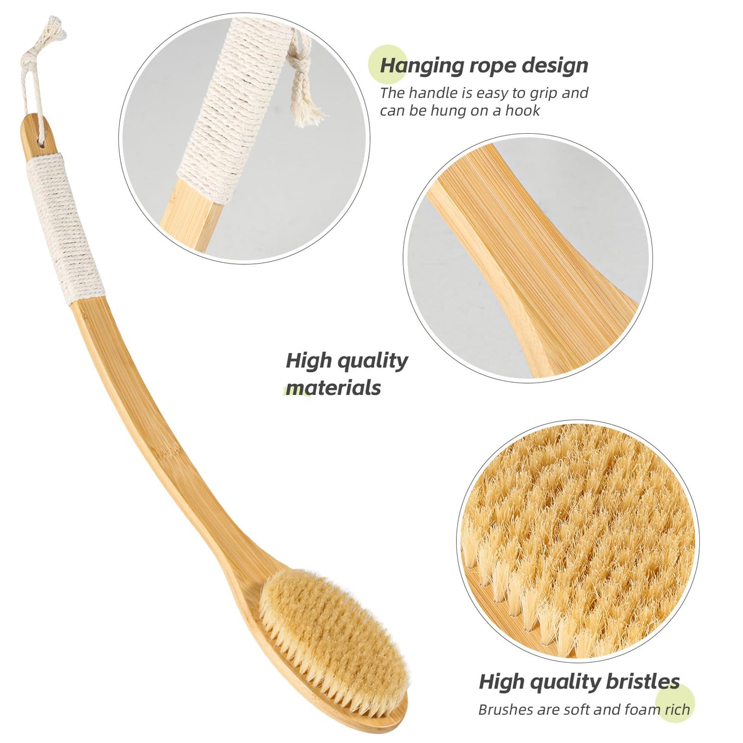 Bath Body Brush Shower, 22" Super Long Curved Bamboo Handle Antiskid Back Body Scrubber Wet/Dry Brushing, Moderately Soft Natural Bristle Body Brush for Showering