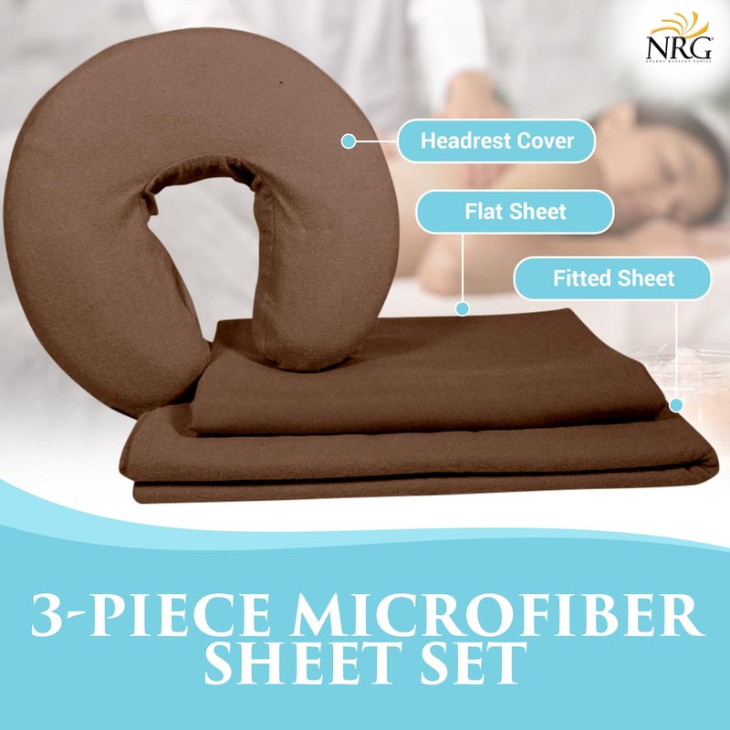 Premium Microfiber 3 Piece Massage Sheet Set by NRG - Includes Massage Table Flat Sheet, Fitted Sheet and Face Rest Cover - 100% Double Brushed Polyester, Soft as Silk - 120 GSM - Color Dark Chocolate