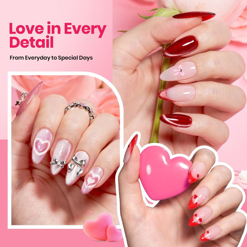 Beetles 30 Pcs Gel Nail Polish Kit with U V Light - 6 Colors Red Cat Eye Gel Polish Set Pink Jelly Glitter Sweet Date Collection with Heart Magnet Manicure DIY Salon Gifts for Mom Women