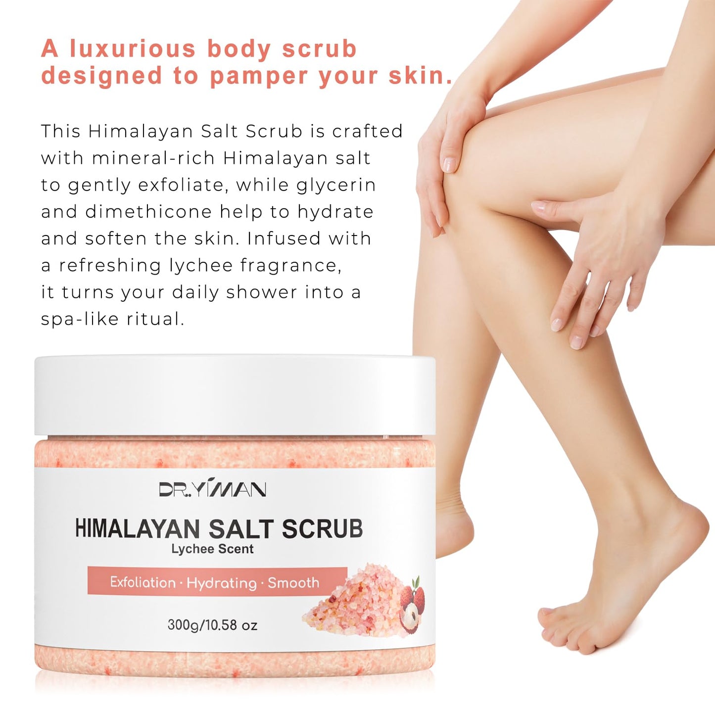 Dr.Yiman Himalayan Salt & Sugar Body Scrub, Lychee Scented Exfoliating and Moisturizing Scrub for Women – Gently Exfoliates, Hydrates and Smooths Skin for a Soft Glow, 10.58 oz