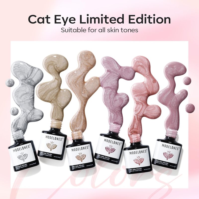 modelones Gel Nail Polish Set, 6 Colors Nude Pink Silver 9D Glassy Cat Eye Glitter Gel Polish Semi-transparent Neutral Brown Nail Polish Soapnails with Magnet Soak Off Led Nail Art DIY Gift