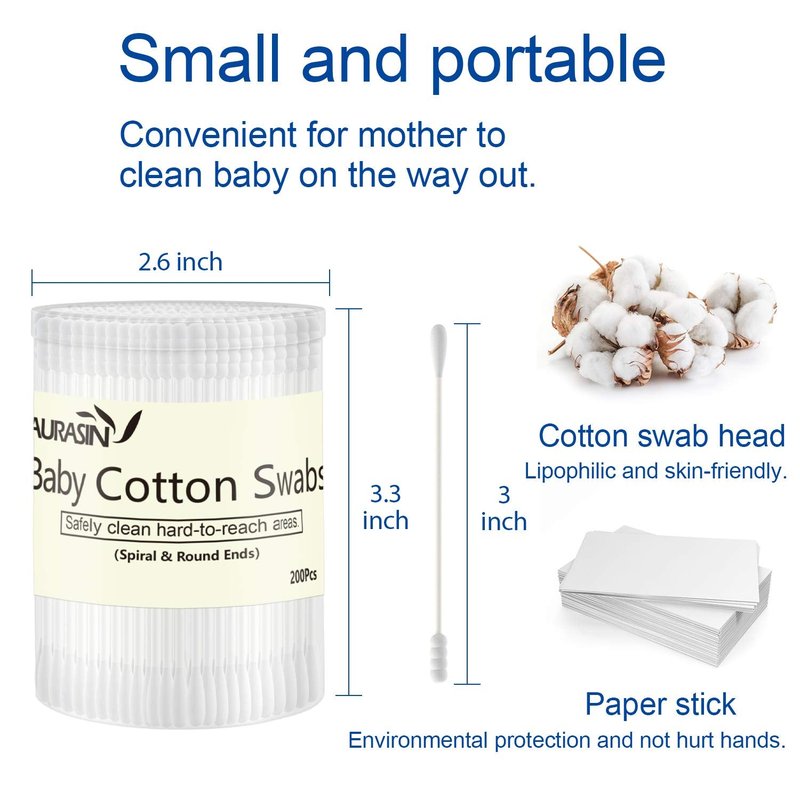 Skiennix Baby Cotton Swabs - Gentle Paper Sticks for Ear & Nose Cleaning | 200 Pcs (Spiral & Round)