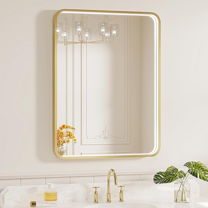 LED Bathroom Mirror - 24x32 Inch Gold Metal Framed Lighted Vanity Mirror | Dimmable, Anti-Fog, 3 Colors