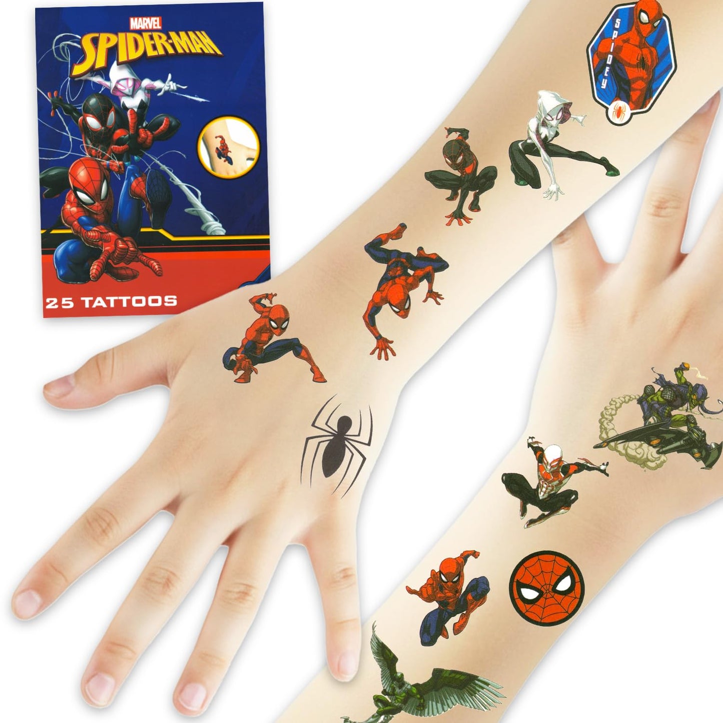 Spiderman Tattoos Set - 25pc Party Favors Tattoos for Kids, Cute Cartoon Decoration Sticker Gifts for Class Prizes, Carnivals, Rewards