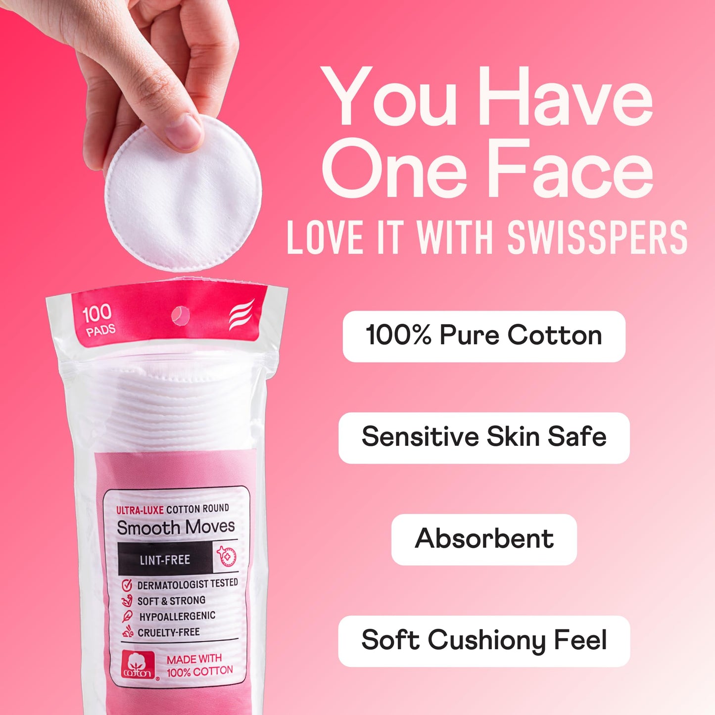 Swisspers Smooth Moves Ultra-Luxe Premium Cotton Rounds - 100 Count (Pack of 2) - Hypoallergenic Makeup Remover Pads for Sensitive Skin, USA Made, Vegan, Lint-Free, Paraben Free