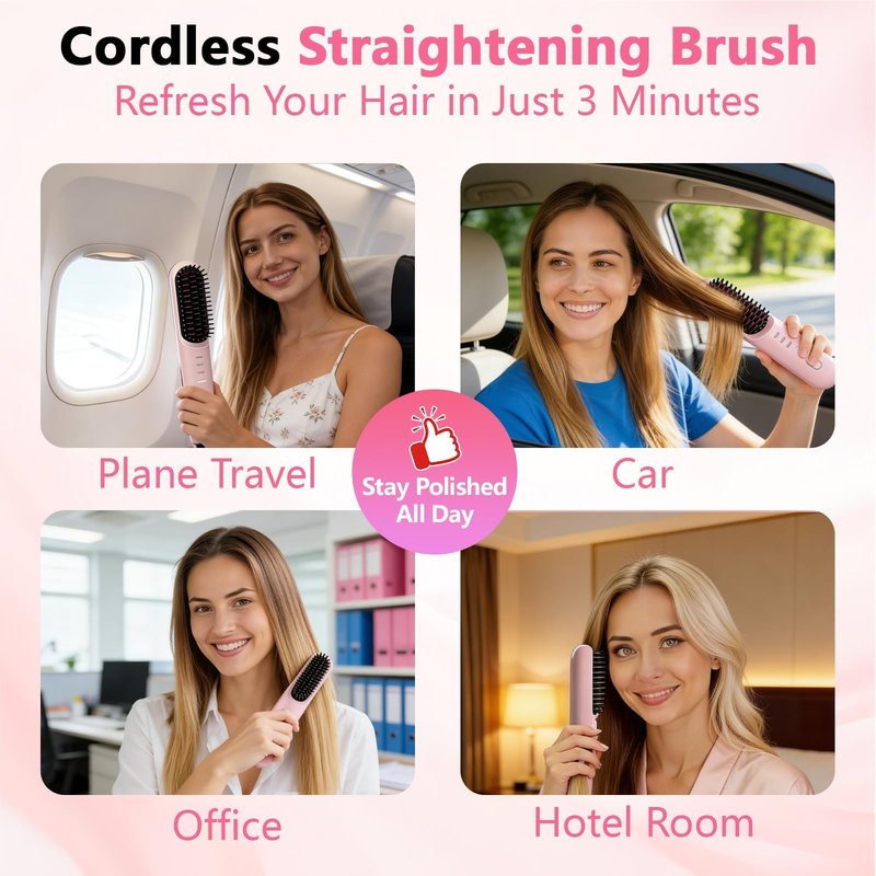 Go Brush Pro for Short Hair - 2026 Upgraded Cordless hair Straightening Brush, 4 Temperature Settings, Fast Heat, MCH Ceramic Care, 4000mAh Rechargeable Straightener for Frizz-Free Styling (pink)