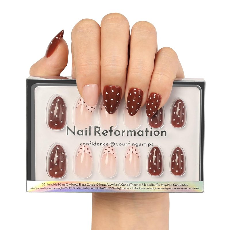 Press On Nails - Chocolate Sprinkle Polka Dot Short Almond | Reusable French Tip Glossy Finish, 16 Sizes - 32 Nail Kit for Women