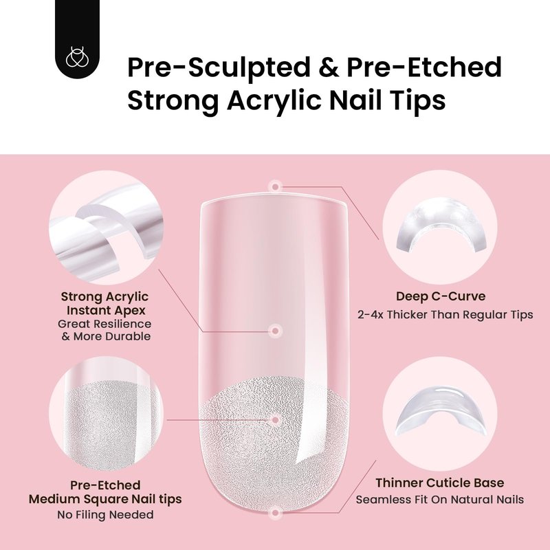 Beetles Tipex Instant Apex Nail Tips, Square Medium, 16 Sizes (00–14), 192pcs, Built-In Apex, No Builder Gel Required, Thicker Strong Acrylic Tips for DIY Nail Extensions