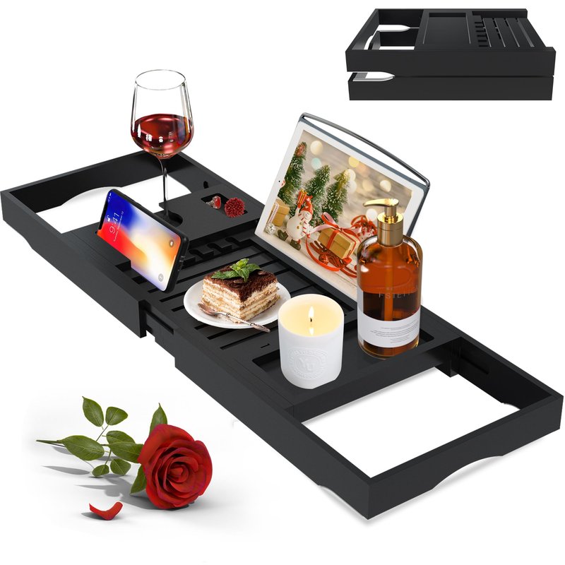 Bathtub Caddy Tray for Tub, Foldable Bamboo Bath Table Tray with Book and Wine Glass Holder, Expandable Bathroom Accessories with Free Soap Dish Suitable for Luxury Spa or Reading, Brown