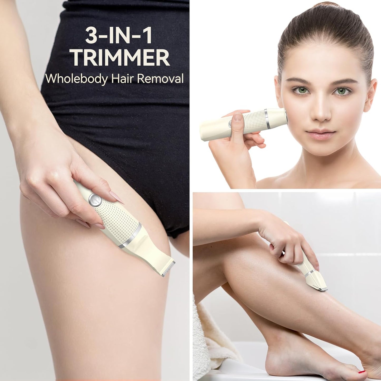 Unibono Pubic Hair Trimmer for Women - Waterproof 3-in-1 Electric Razor | Rechargeable Cordless Groomer for Body Hair (Cream)