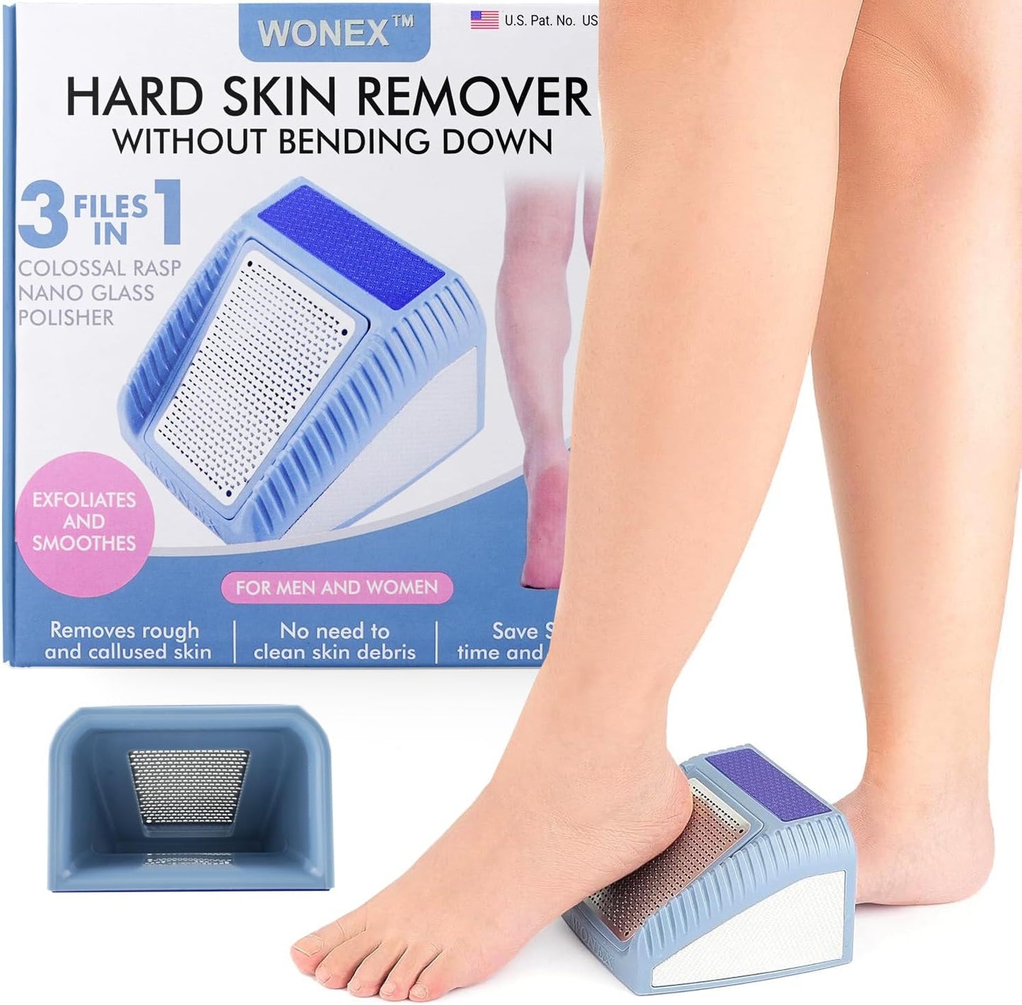 Wonex 3-in-1 Foot Scrubber - U.S. Patented No-Bend Callus Remover & Nano Glass Buffer - Ideal for Seniors & Recovery (Grey)