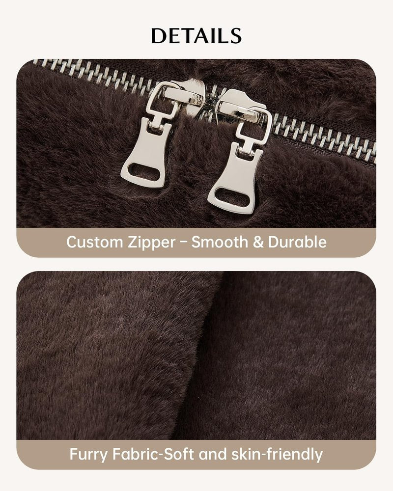 EACHY Travel Makeup Bag,Cute Faux Fur Cosmetic Bag for Women,Portable 180°Wide-Open Flat Make Up Bag,Large Capacity Makeup Pouch Make Up Organizer with Divider and Handle