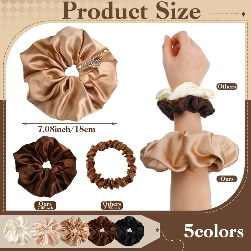 auroray 5 Pieces 7 Inch Jumbo Satin Silk Scrunchies for Women, Large Oversize Scrunchies For Thick Hair