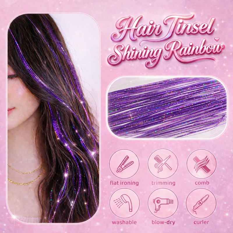 Purple Hair Tinsel, 8 Pcs Fairy Hair Tinsel Kit for Girls Women 48 Inch 3200 Strands with Tools Hair Accessories Glitter Tinsel Hair Extensions for Party Festival Christmas (Purple)