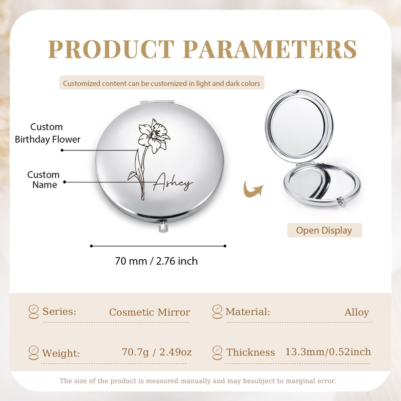 Ahgmeside Personalized Compact Mirror for Women - Pocket Mirror for Women,Custom Birthflower Travel Makeup Mirror for Wife, Mom, Bridesmaid Gifts for Daughter Friend (Silver)