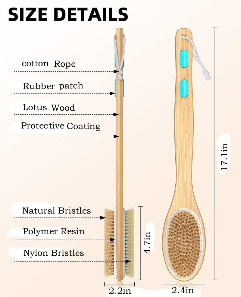 ManLinKei Back Scrubber for Shower, Long Handle Dual-Sided Shower Brush with Soft and Stiff Bristles, Body Exfoliator