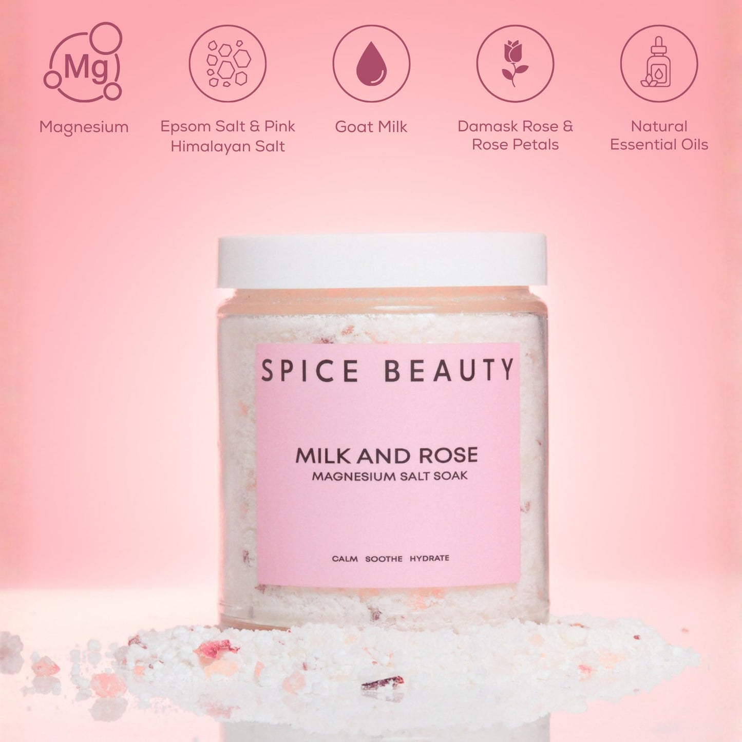 SPICE BEAUTY Goat Milk & Rose Magnesium Salt Soak | Epsom & Magnesium Bath Soak for Muscle Relaxation | Skin Soften & Deeply Nourish, Skin Hydration & Boosts Elasticity | Salt Soak | 9 oz