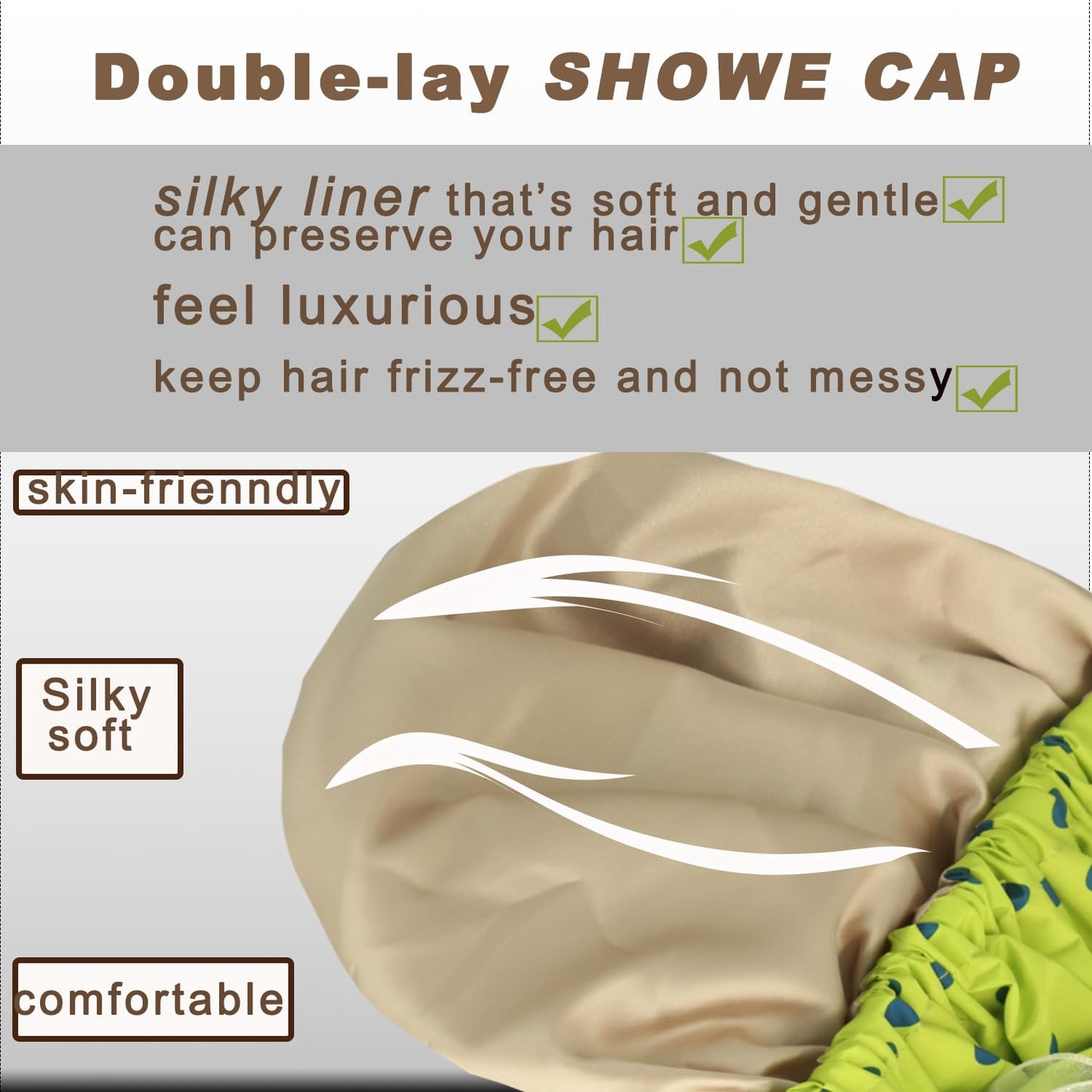 Genergy 2pcs Shower Cap for Women,Including Travel bag and Scrunchy. Frizz-Free Silky Liner, Waterproof Reusable Large Bath Bonnet for Short and Long Thick Hair, Soft Adjustable Elastic, Non-slip.